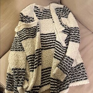 LOFT Black and Cream Striped Bouclé Open Cardigan
